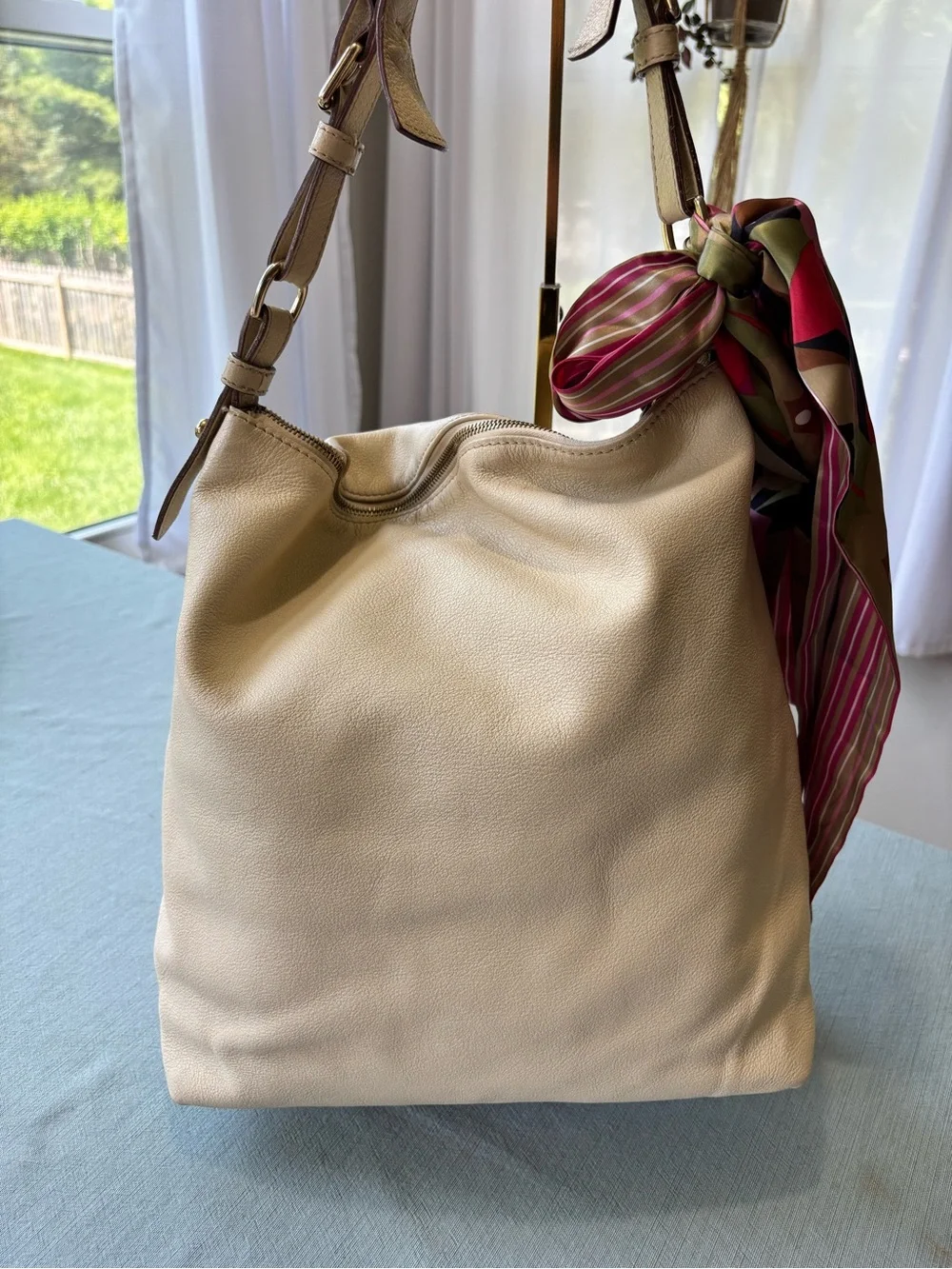 Dooney & Bourke Ecru Cream Pebbled Leather Shoulder Hobo with Colorful Scarf